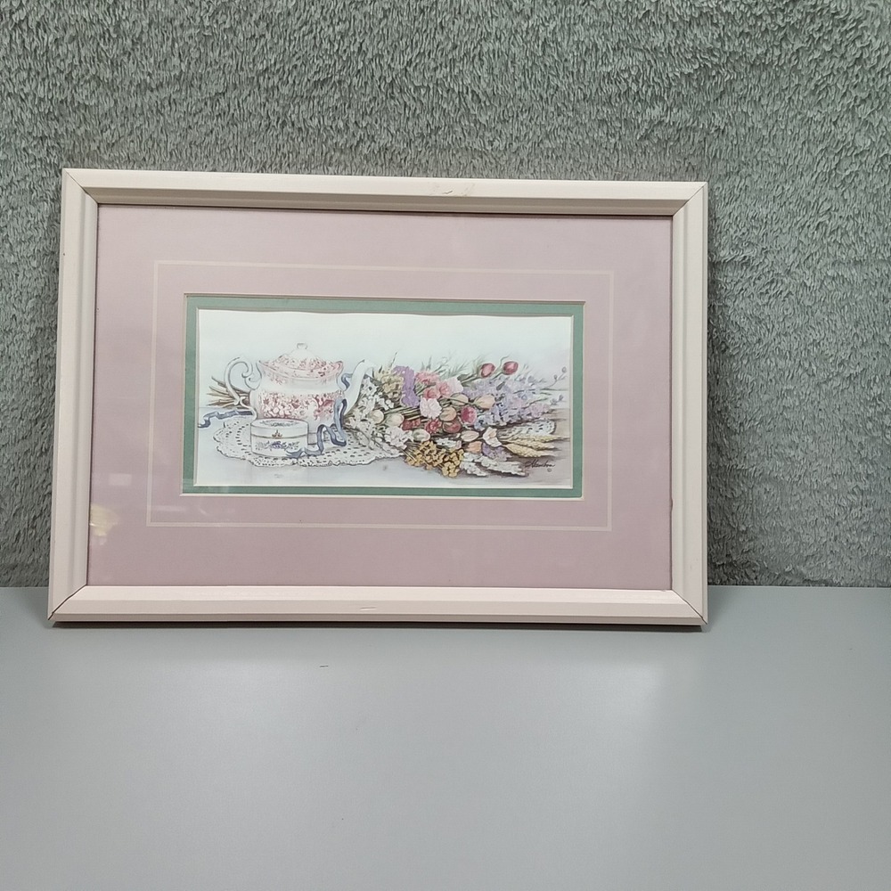 Gamboa Framed Floral Teapot Art Print White Wood Frame Cottagecore Shabby Chic